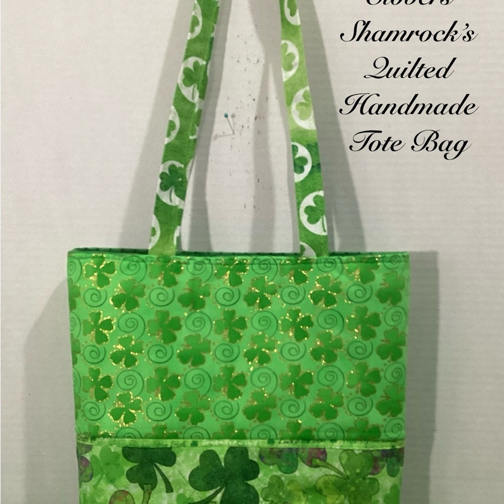 FESTIVE ST PATRICKS SHAMROCKS DESIGNS QUILTED HANDMADE-TOTE BAG